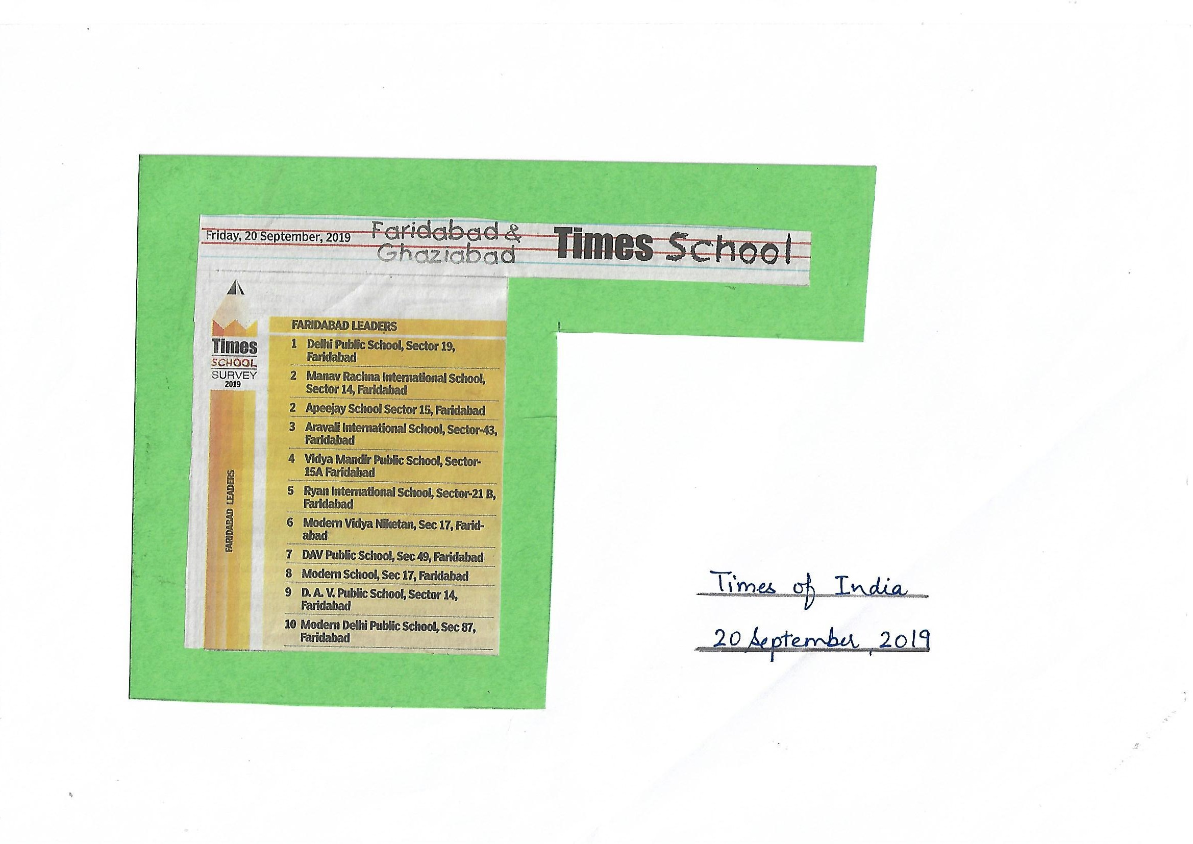 Ryan International School Faridabad ranks 5th on the Times School Survey - Ryan International School, Faridabad